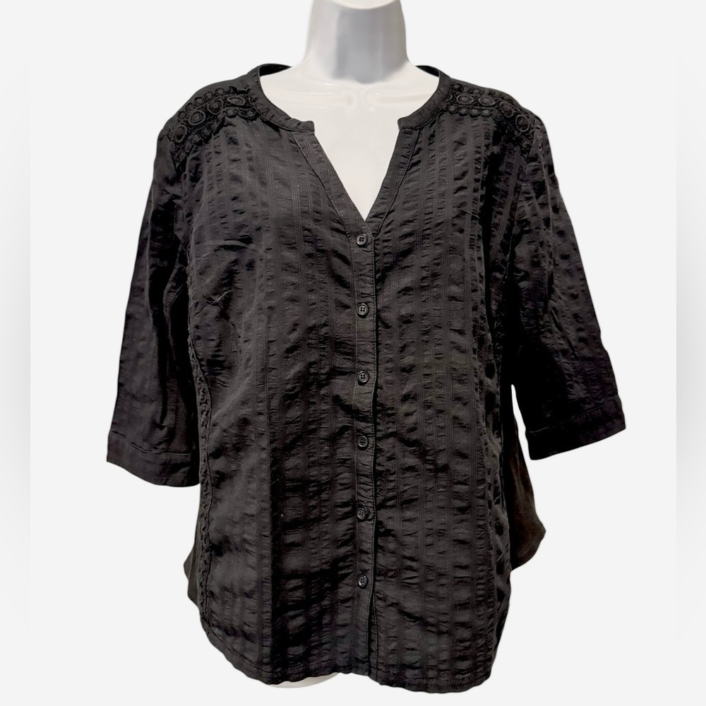 Grand & Greene Black Lace Detail Button Front Top Size L | Classic Cotton Blouse
